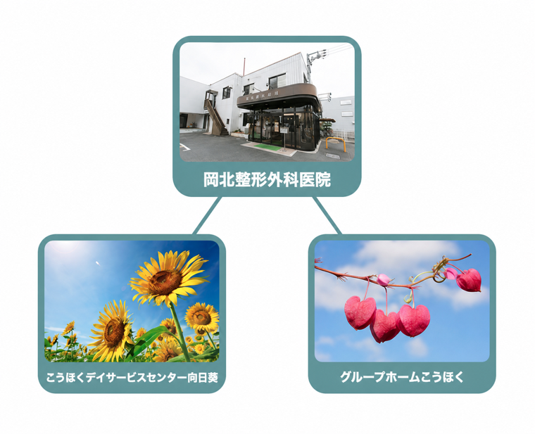 医療法人幸和会が運営する岡北整形外科医院、こうほくデイサービスセンター向日葵、グループホームこうほくの関係図